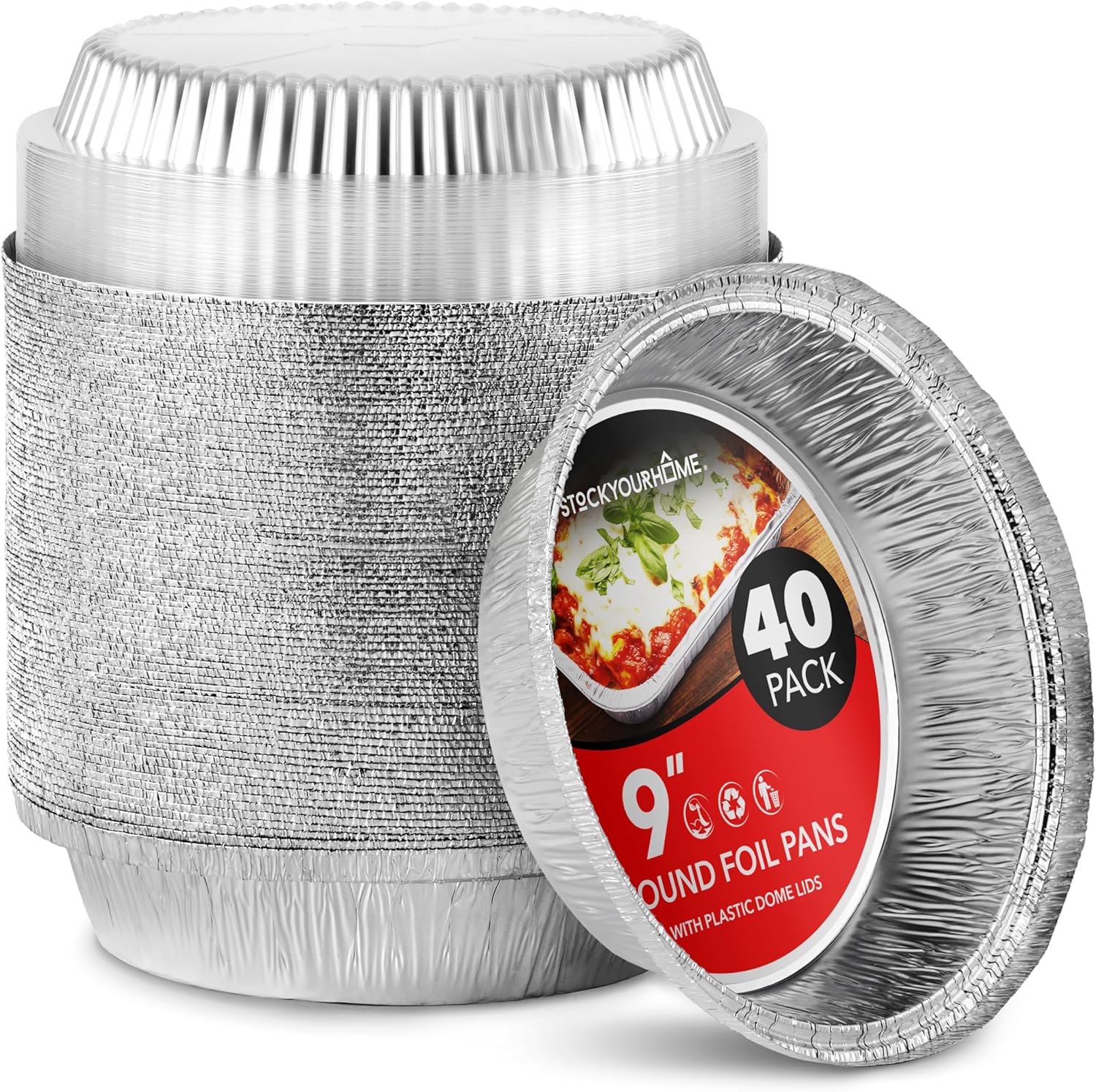 Stock Your Home 9" Round Aluminum Foil Pans with Lids (40 Pack) Pie Tins Disposable 9 Inch with Lid, To-Go Containers for Pies, Cheesecake, Cinnamon Rolls, Flan, 2" Deep Dish Cake Pan for Holidays