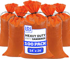 DURASACK Heavy Duty Sand Bags with Tie Strings Empty Woven Polypropylene Sand-bags for Flood Control with 1600 Hours of UV Protection, 50 lbs Capacity, 14x26 inches, Orange, Pack of 100