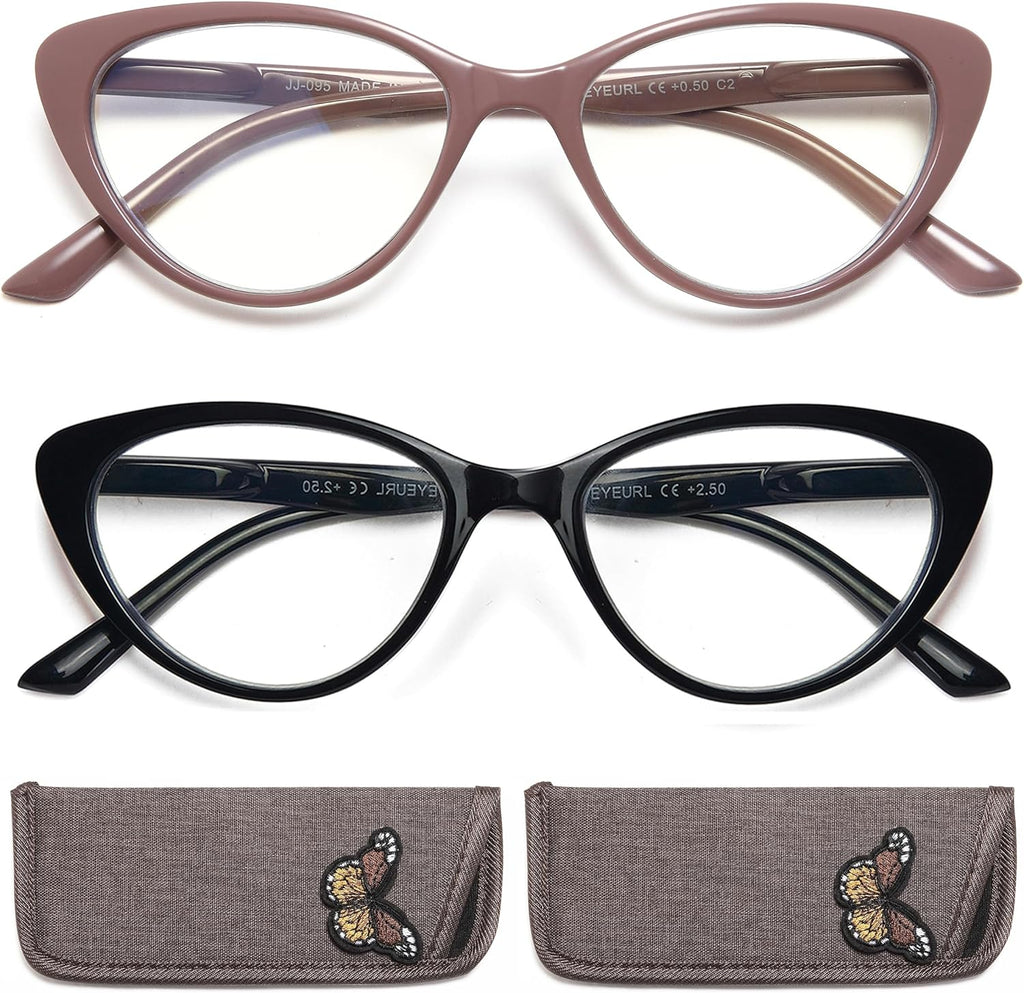 EYEURL Cat Eye Reading Glasses for Women - 2 Pack Blue Light Blocking Computer Readers 0.75 Spring Hinge Anti Glare/UV Ray Eyeglasses