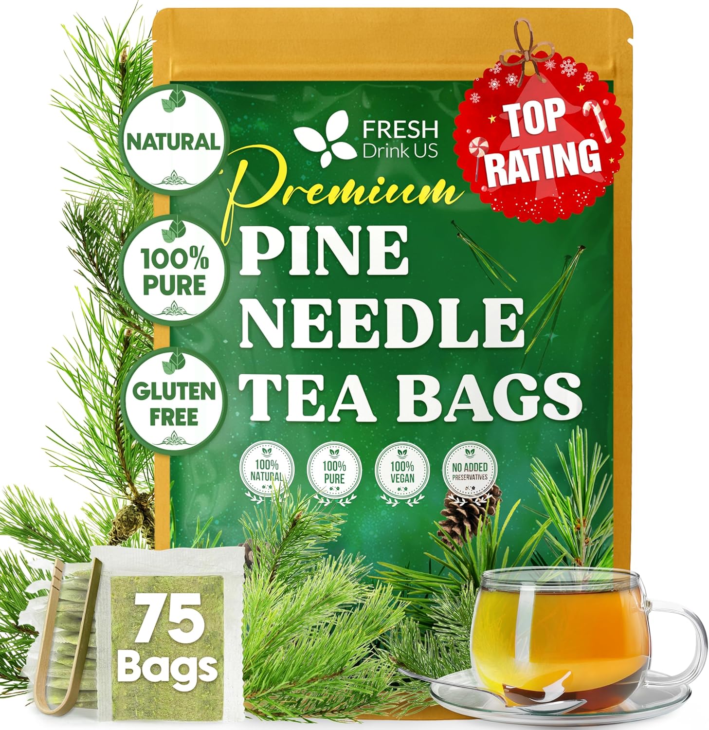 FreshDrinkUS, Pine Needle Tea Bags – 75 Tea Bags, Naturally Caffeine-Free, Refreshing Herbal Tea, Wild-Harvested Pine Leaves, Aromatic and Soothing – Non-GMO & Eco-Friendly Packaging