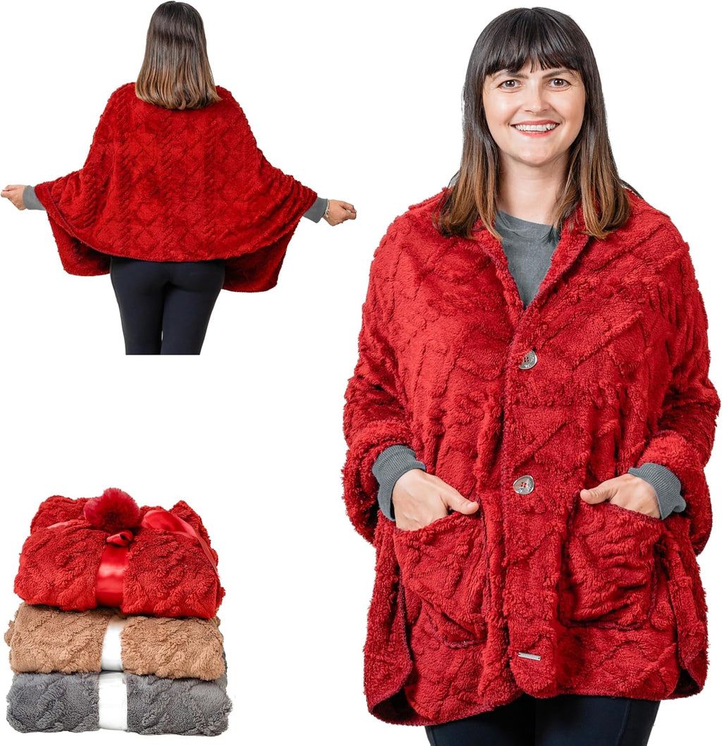 EzrAllora Fleece Poncho Blanket - Drape&Go No Sleeves- Lightweight Wrap Shawl - Wearable Blanket - Easy On Easy Off