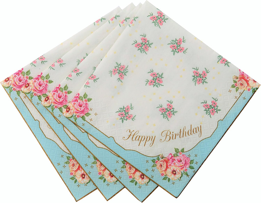 Talking Tables Tea Party Happy Birthday Floral Napkins | Truly Scrumptious | Also Great for Birthday Party, Baby Shower, Wedding and Anniversary | Paper TS3-NAPKIN-HB, 33 x 33 centimeters, 20 - Pack