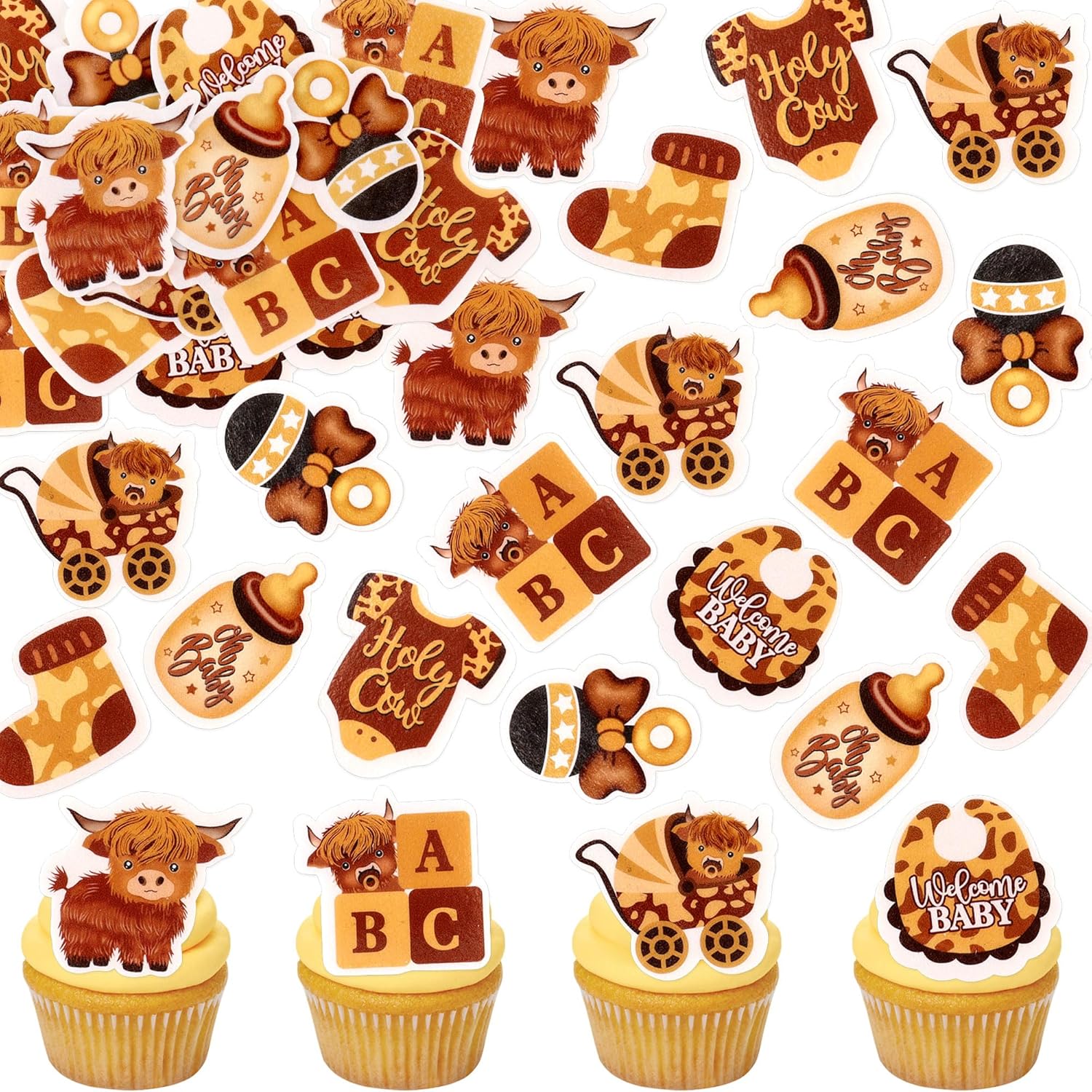Edible 40Pcs Highland Cow Cupcake Toppers Farm Animals Cupcake Picks Highland Cow Theme Baby Shower Kids Birthday Party Cake Decorations Supplies