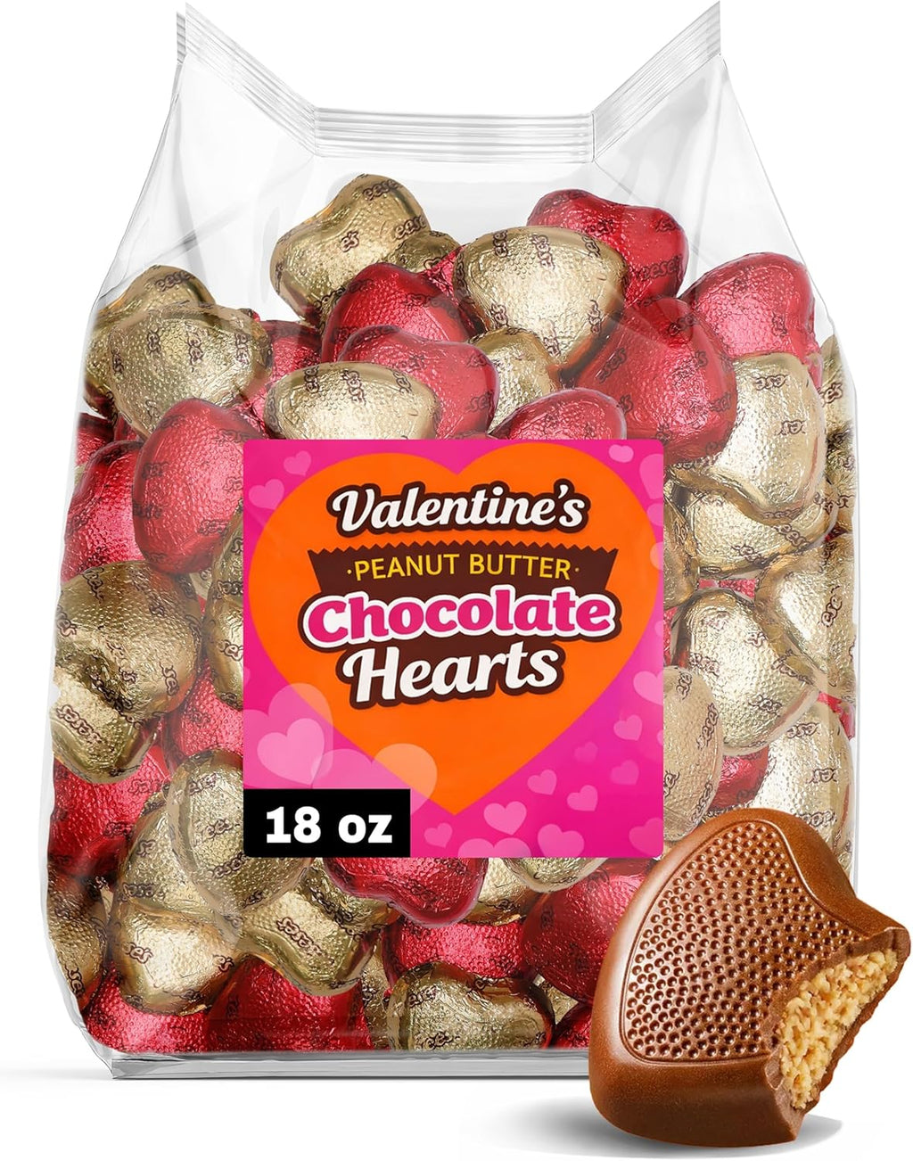 Bulk Valentines Milk Chocolate Peanut Butter Hearts - 18 oz, Individually Wrapped Valentine's Day Chocolate Candies for Classroom Exchange, Parties, Gift Bags & Candy Bowls