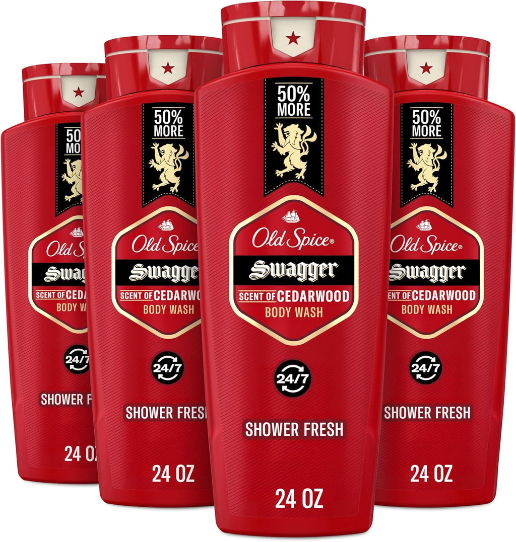 Old Spice Refreshing Body Wash for Men, 3X Defense, 24/7 Shower Fresh with Long Lasting Scent, Red Collection, Swagger with Cedarwood Scent, 24 oz (Pack of 4)