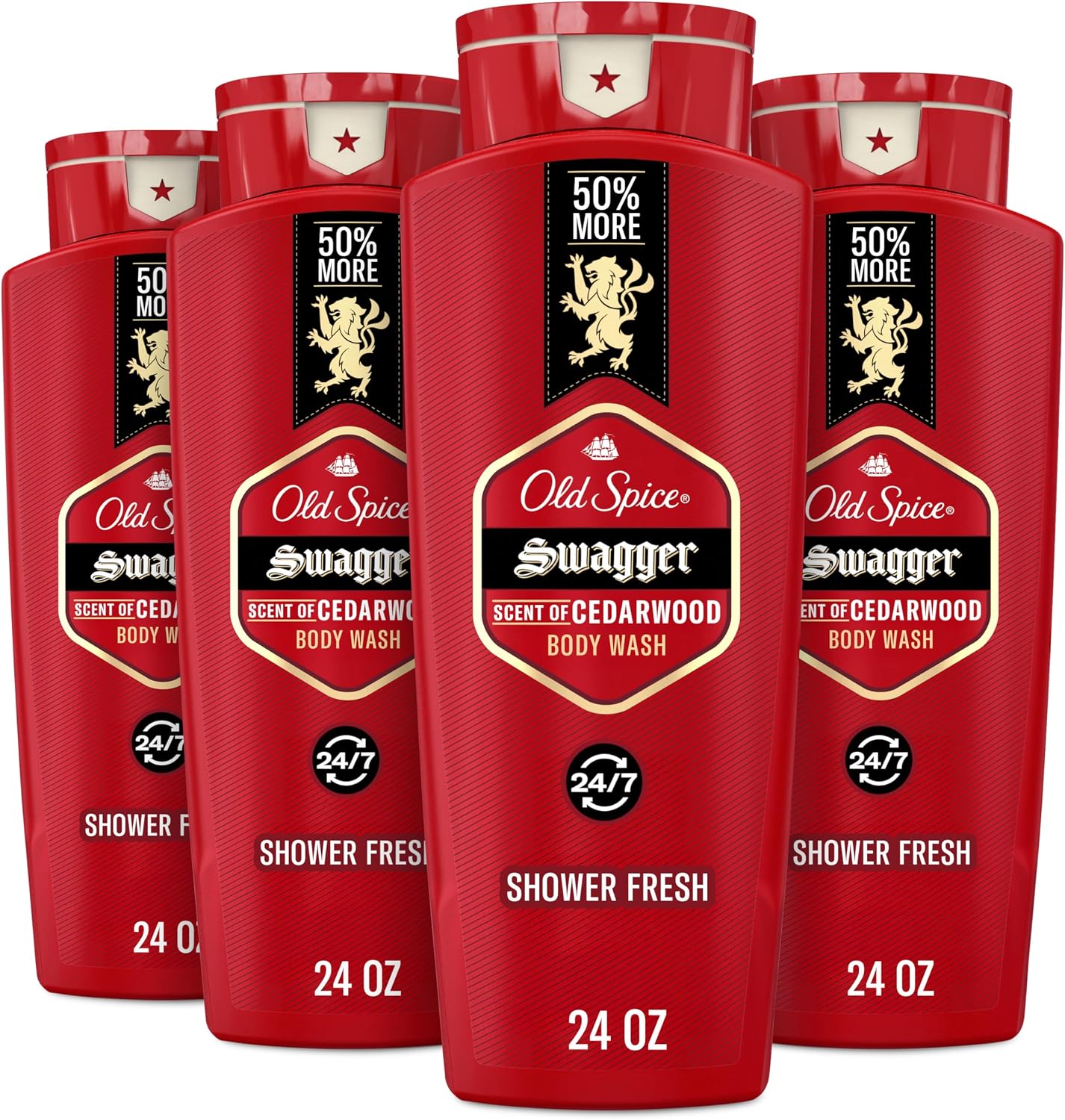 Old Spice Refreshing Body Wash for Men, 3X Defense, 24/7 Shower Fresh with Long Lasting Scent, Red Collection, Swagger with Cedarwood Scent, 24 oz (Pack of 4)