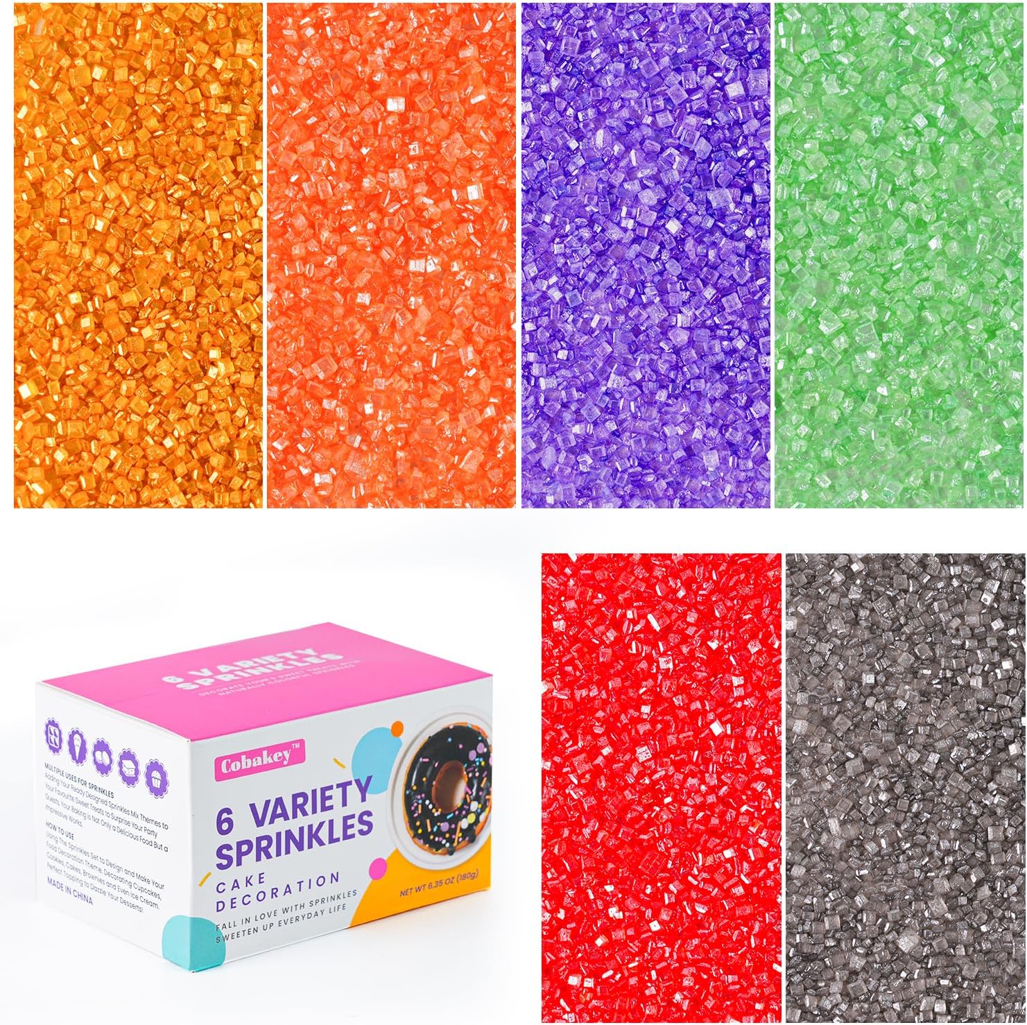 Halloween Sanding Sugar, Sprinkles For Cake Decorating, Cupcake, Cookies, Ice Cream Topper, Edible Sugar Sprinkles Sparkly Sugar Crystals (6 Packs) Gold, Orange, Purple, Green, Red, Grey