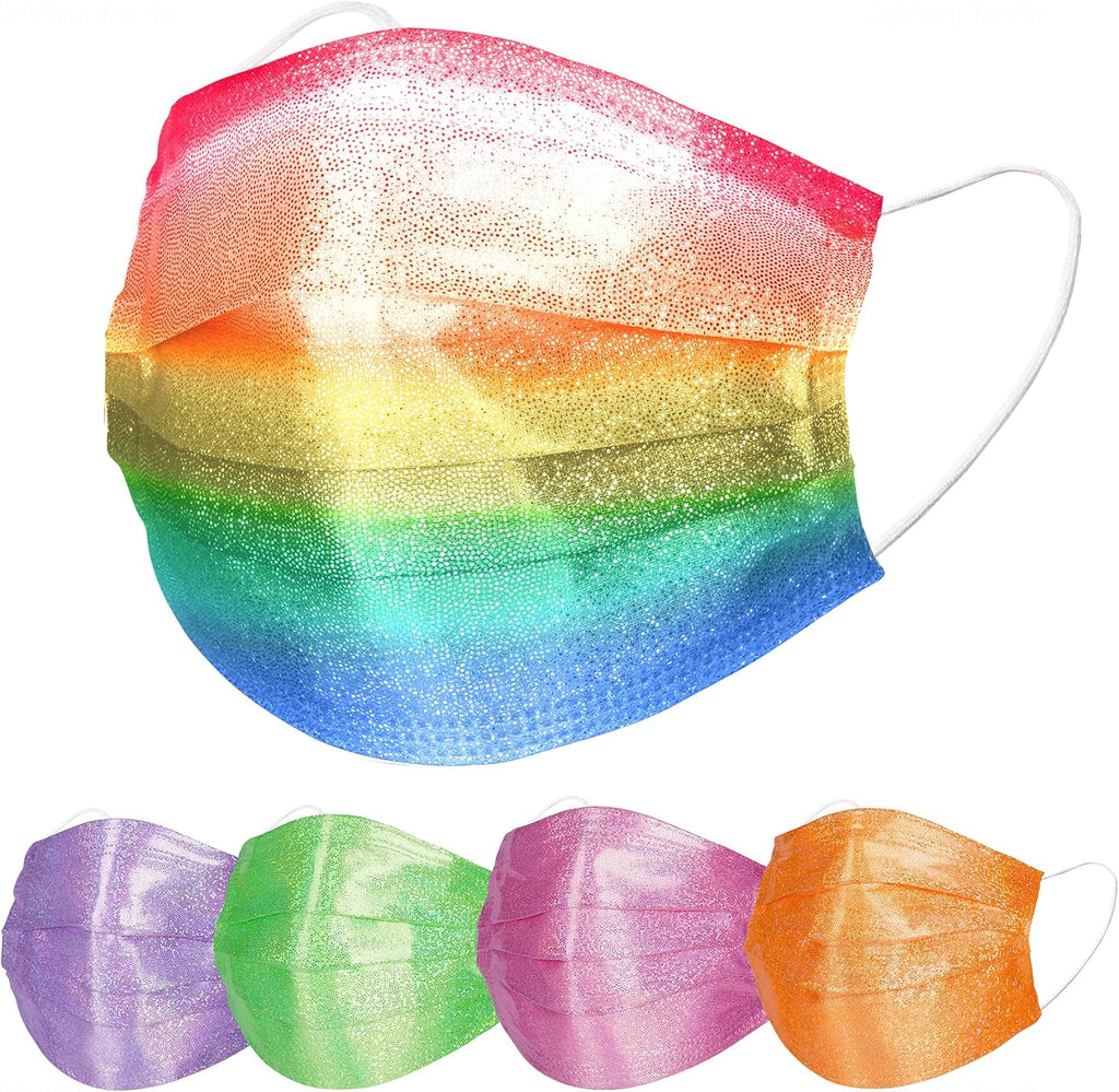 NiHealth 50PCS Stylish Disposable Face Masks for Adults - Breathable 3-Layer Non-Woven Fabric Coverings with Glamorous Glitter Sparkle Design (5 Iridescent Colors)