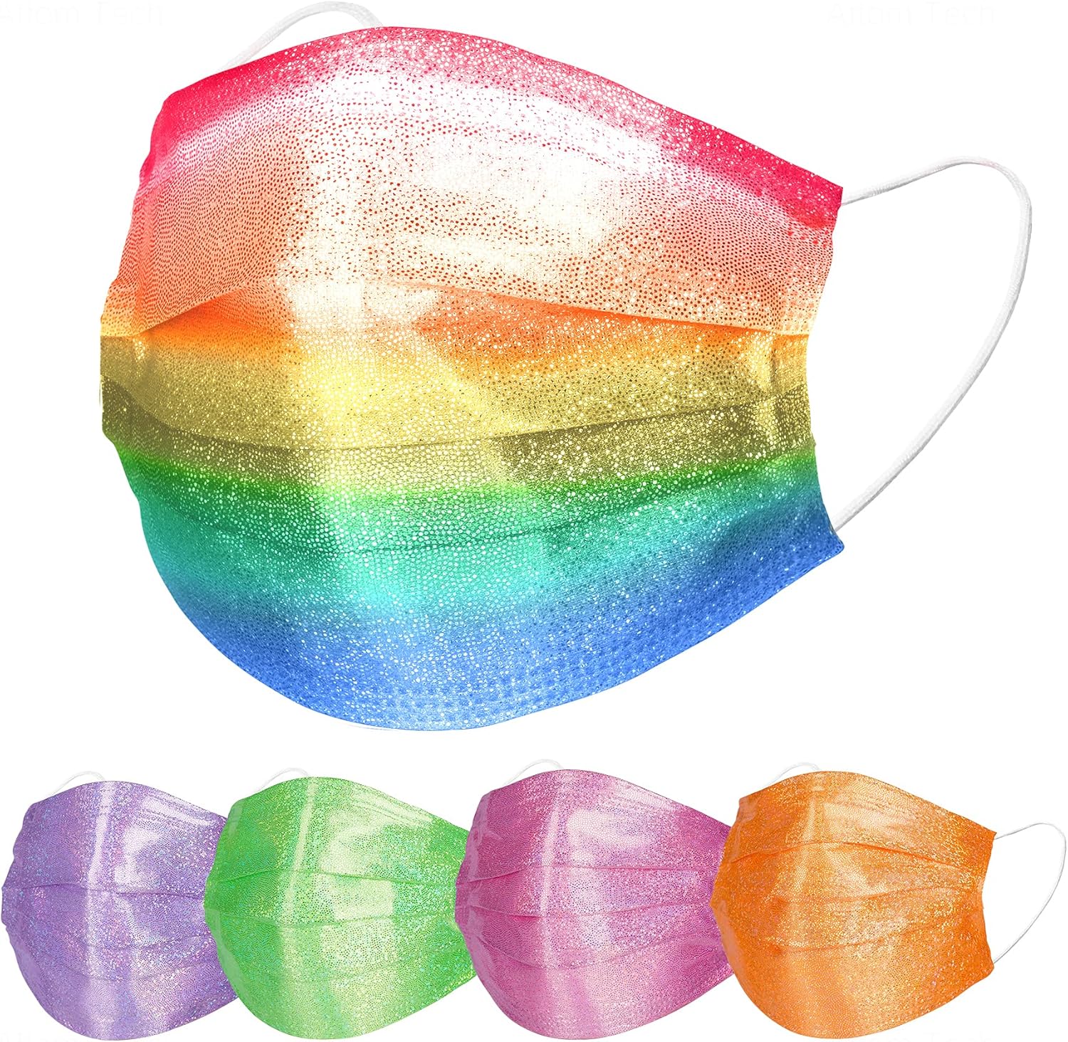 NiHealth 50PCS Stylish Disposable Face Masks for Adults - Breathable 3-Layer Non-Woven Fabric Coverings with Glamorous Glitter Sparkle Design (5 Iridescent Colors)