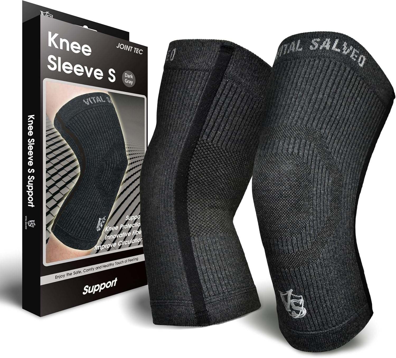 Vital Salveo-Compression Recovery Knee Sleeve/Brace S-Support, Pain Relief, Protects Joint - Ideal for Sports and Daily Wear-Dark Grey (1 Pair)-S