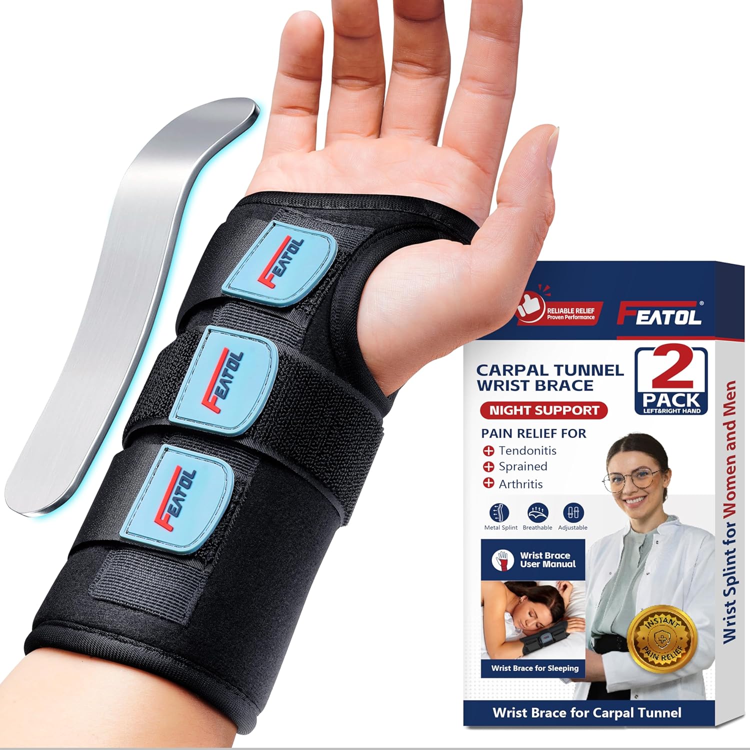 FEATOL Carpal Tunnel Wrist Brace Night Support 2 Pack - Wrist Splint for Pain Relief Tendonitis, Sprained, Arthritis - Metal Splint Stabilizer With Hand Brace -FOR Sleeping Women Men -Right&Left(L/XL)
