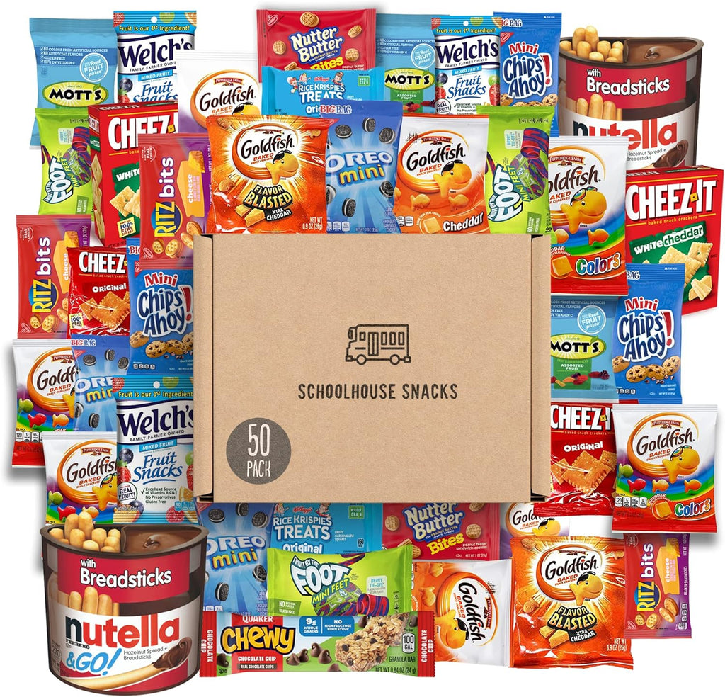 SCHOOLHOUSE SNACKS - Snacks for Kids (50 Count) | Snack Box for Kids with American Cracker and Cookie Assortment | Perfect Kids School Snacks, Variety Snack Box, Camp Care Package, Travel Food, Snack Gift Box