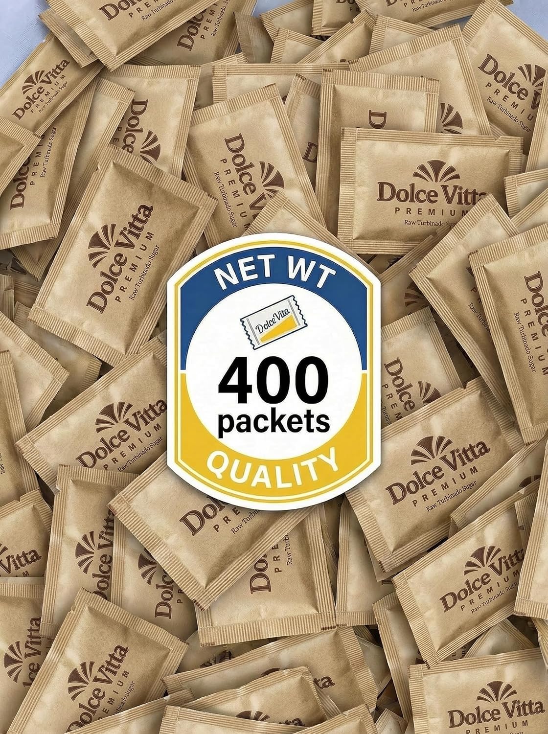 Raw Sugar Turbinado - Dolce Vitta Premium - Raw Natural Cane Brown Sugar Turbinado, 400 Count, Pack of 1, Natural Sweetener for Drinks and Baking Packets for Home, Office, Coffee, Bar, Gift,Restaurants, & Coffee Stations,
