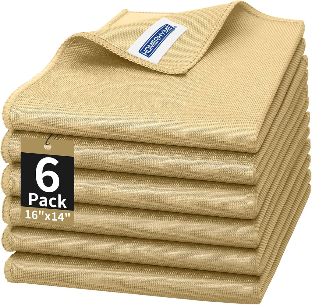 HOMERHYME Microfiber Cleaning Cloth - 6 Pack Glasses Cleaning Cloth, 16" x 14" Window Cleaning Rags, Streak Free Lint Free Polishing Cloths Wipes for Eye Glass, Stainless Steel, Windshield, Beige