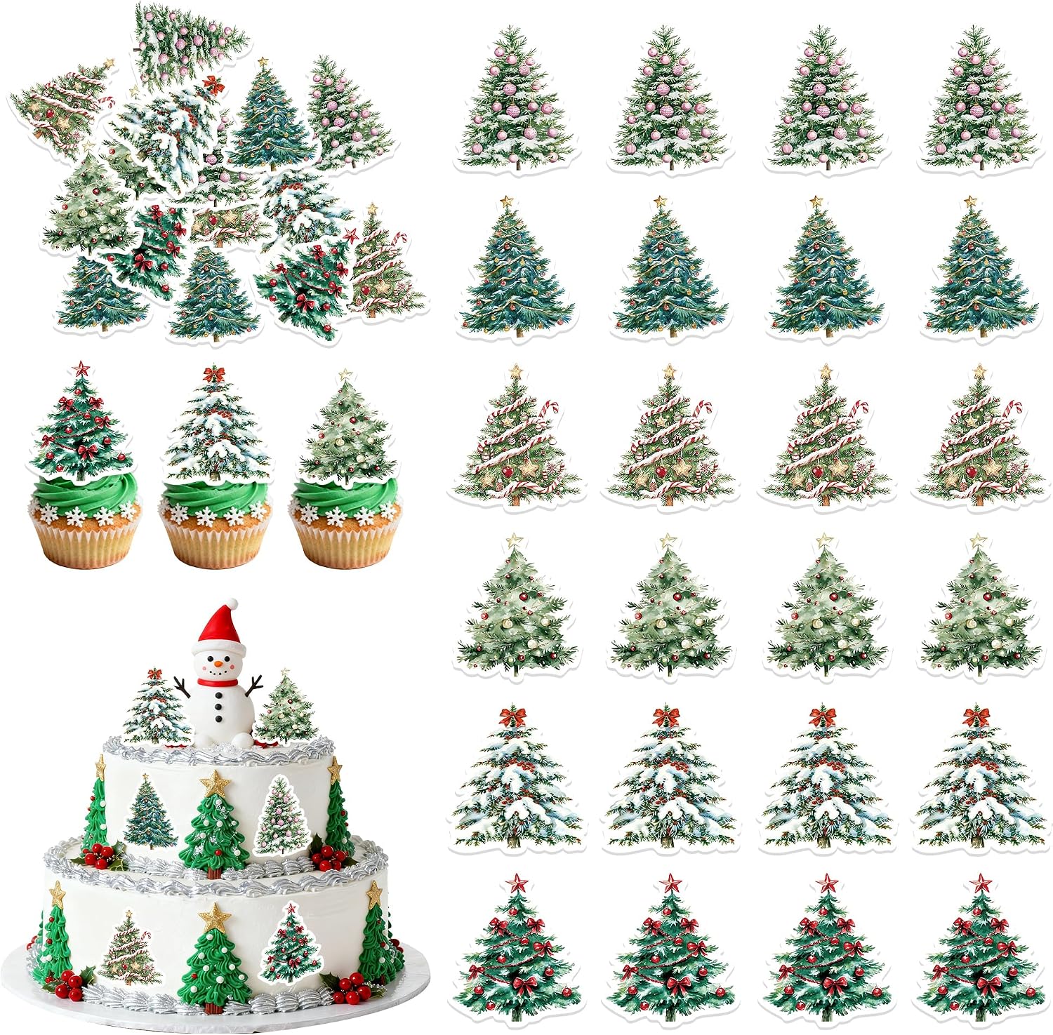 72Pcs Edible Christmas Tree Cupcake Toppers Picks Merry Christmas Theme Birthday Party Decorations New Year Holiday Baby Shower Kids Party Supplies