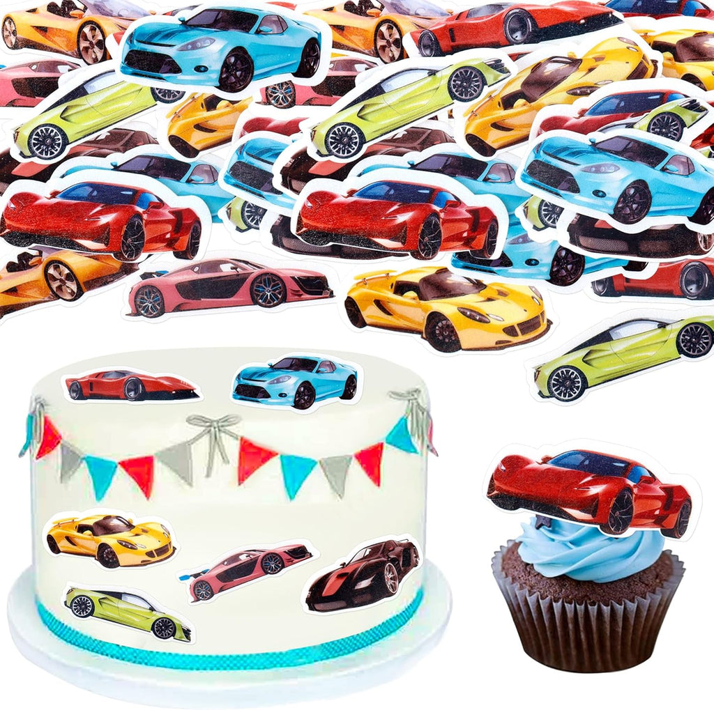 45PCS Edible Wafer Paper Race Car Cupcake Toppers Car Party Decoration Drink Topper Birthday Party Supplies Car Themed Party Boys and Girls' Birthday Party Cake Decoration