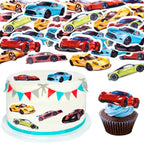 45PCS Edible Wafer Paper Race Car Cupcake Toppers Car Party Decoration Drink Topper Birthday Party Supplies Car Themed Party Boys and Girls' Birthday Party Cake Decoration