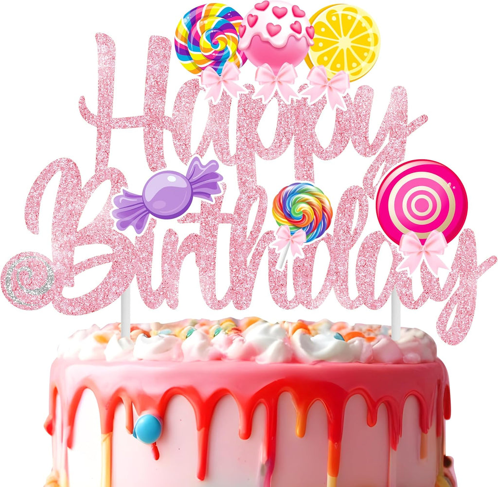 Candy Birthday Cake Topper Lollipop Birthday Party Supplies Pink Glitter Candyland Birthday Cake Decorations for Girl Candy Theme Baby Shower Birthday Party Supplies