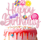 Candy Birthday Cake Topper Lollipop Birthday Party Supplies Pink Glitter Candyland Birthday Cake Decorations for Girl Candy Theme Baby Shower Birthday Party Supplies