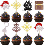 24 Pack Pirate Cupcake Toppers Glitter Compass Skull Pirate Ship Treasure Box Ship Anchor Cupcake Picks Pirate Theme for Baby Shower Kids Birthday Party Cake Decorations Supplies