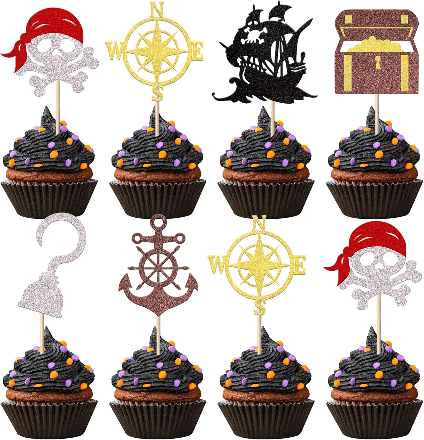 24 Pack Pirate Cupcake Toppers Glitter Compass Skull Pirate Ship Treasure Box Ship Anchor Cupcake Picks Pirate Theme for Baby Shower Kids Birthday Party Cake Decorations Supplies