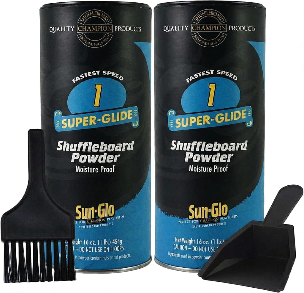 Sun-Glo Shuffleboard Sand - Shuffleboard Powder Wax with Mini Dustpan and Mini Brush Set, 2 Pack (16oz/Each) SunGlo #1 Super Glide (Fast Speed)
