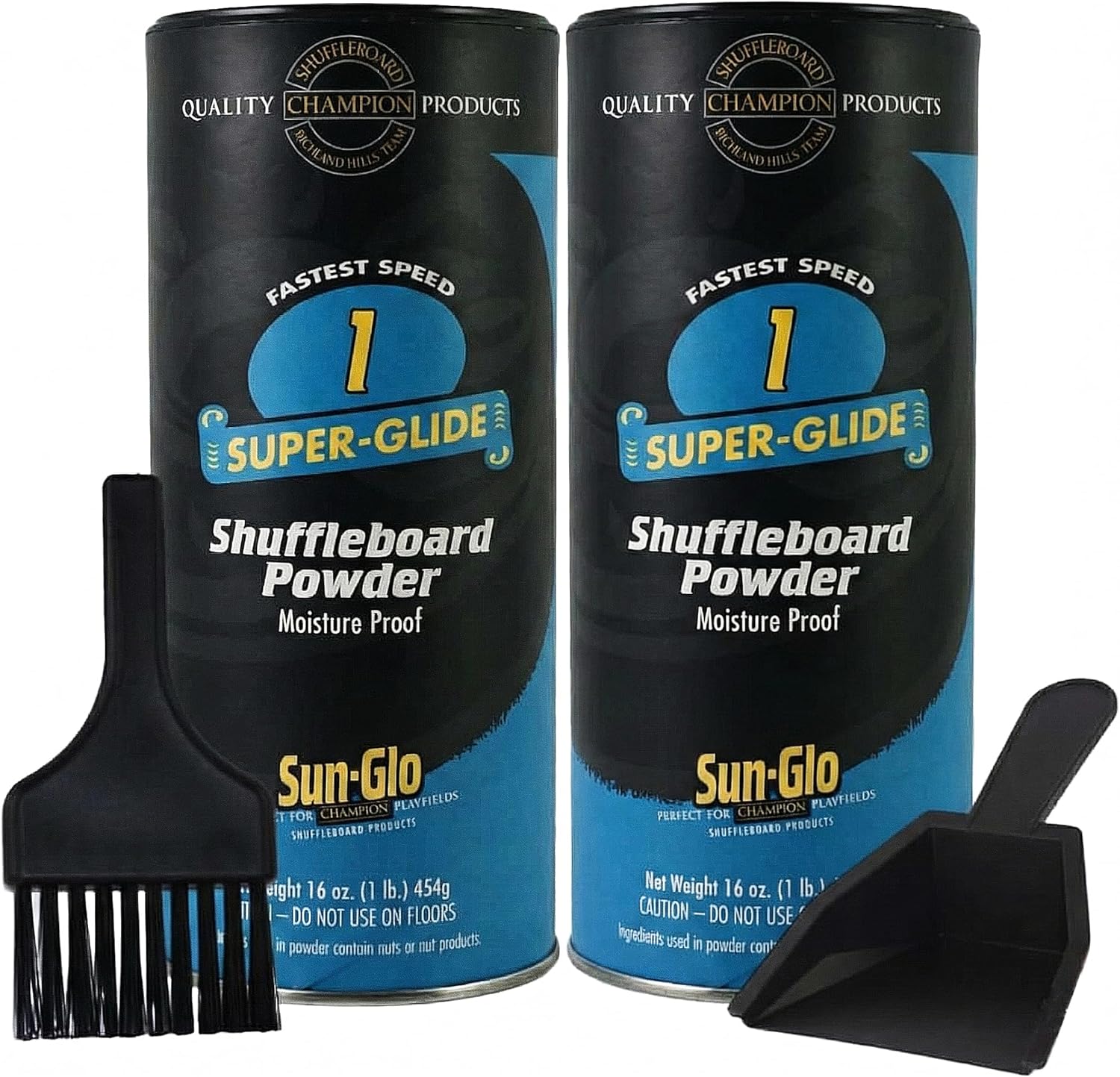 Sun-Glo Shuffleboard Sand - Shuffleboard Powder Wax with Mini Dustpan and Mini Brush Set, 2 Pack (16oz/Each) SunGlo #1 Super Glide (Fast Speed)