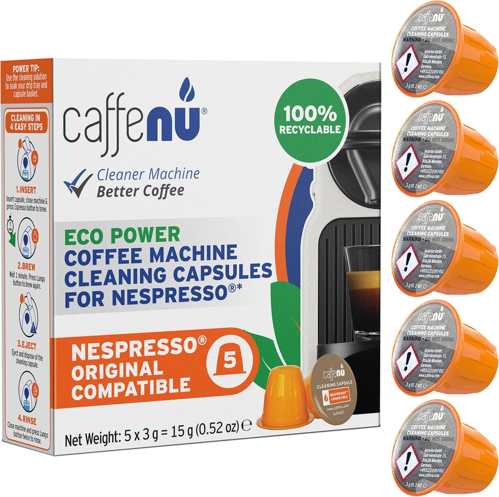 Caffenu Nespresso Compatible Cleaning Pods. 5 Cleaner Capsules. Improved Coffee Flavor. For Nespresso Originaline, Use with Descaling Kit.