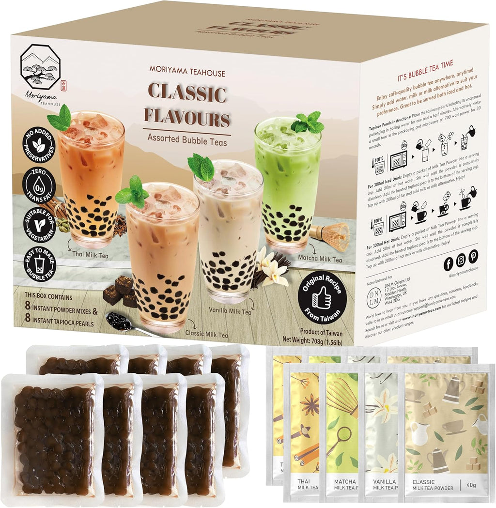 Bubble Boba Tea Kit with Instant Tapioca Pearls and Milk Tea Powders | Makes 8 Drinks | Assorted Classic Flavours include Classic, Matcha, Thai, Vanilla in Individual Sachets | By Moriyama Teahouse