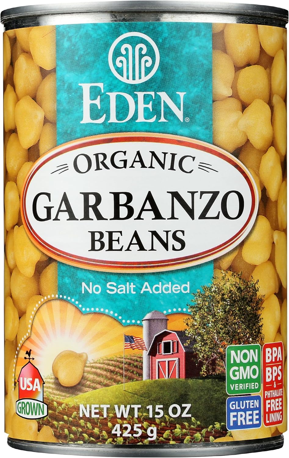 Eden Organic Garbanzo Beans, 15 oz Can, No Salt, Non-GMO, Gluten Free, Vegan, Kosher, U.S. Grown, Heat and Serve, Macrobiotic, Chickpeas