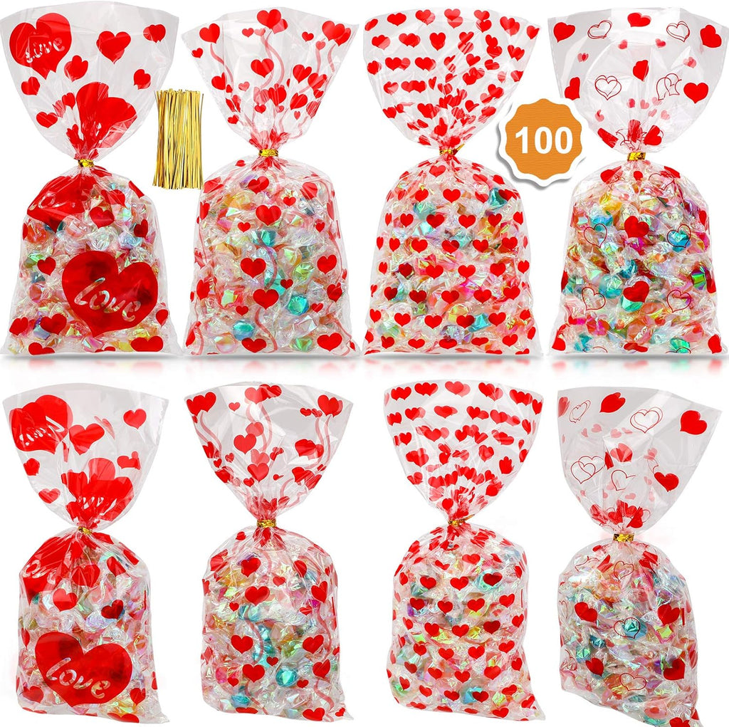 Konsait 100pcs Valentines Cellophane Bags, Clear Candy Cookie Treat Bags with Twist Ties for Bakery Biscuit Chocolate Snacks,Holiday Goody Bags, Valentines Party Favors Supplies