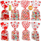 Konsait 100pcs Valentines Cellophane Bags, Clear Candy Cookie Treat Bags with Twist Ties for Bakery Biscuit Chocolate Snacks,Holiday Goody Bags, Valentines Party Favors Supplies