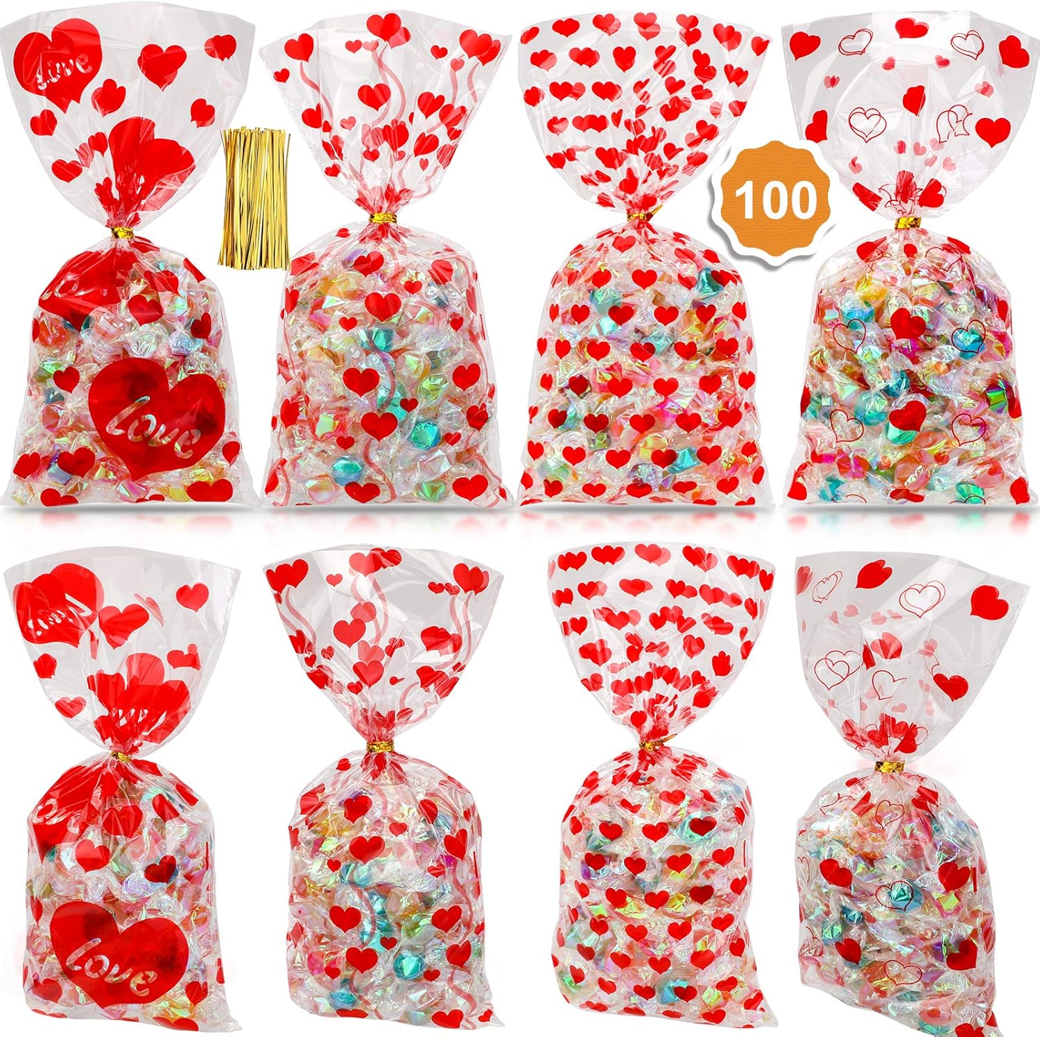 Konsait 100pcs Valentines Cellophane Bags, Clear Candy Cookie Treat Bags with Twist Ties for Bakery Biscuit Chocolate Snacks,Holiday Goody Bags, Valentines Party Favors Supplies