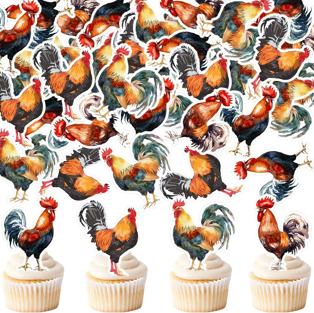 48Pcs Edible Rooster Cupcake Toppers Edible Rock Cupcake Picks for Farmyard Animal Baby Shower Boys Girls Birthday Party Cupcake Cake Decorations Rock Rooster Carnival Party Decors