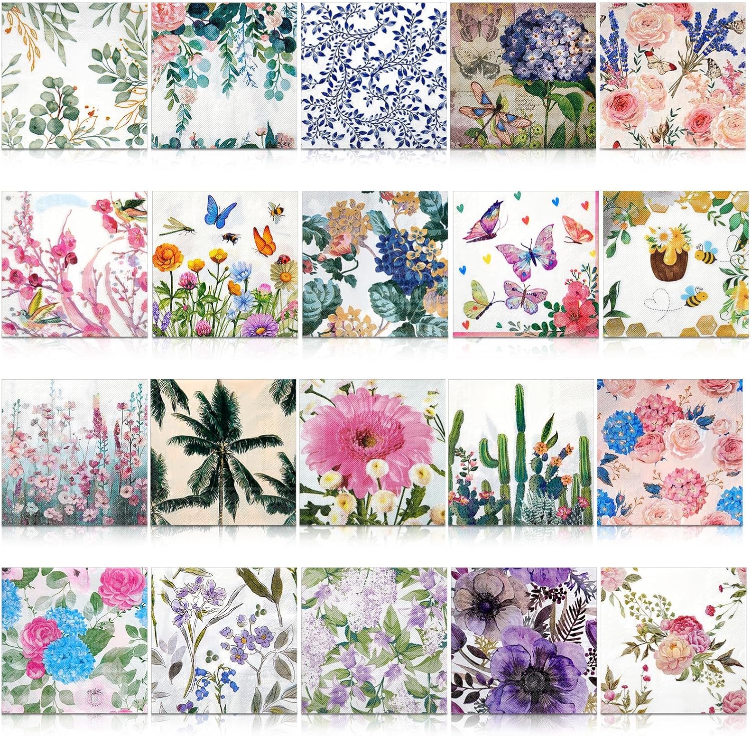 Crtiin 20 Pack Decoupage Napkins Floral Napkins Flower Cocktail Paper Decorative Toilet for Valentine's Day Birthday Party Beautiful Gorgeous, 20 Styles Each 6.5 Inches(Style 5)