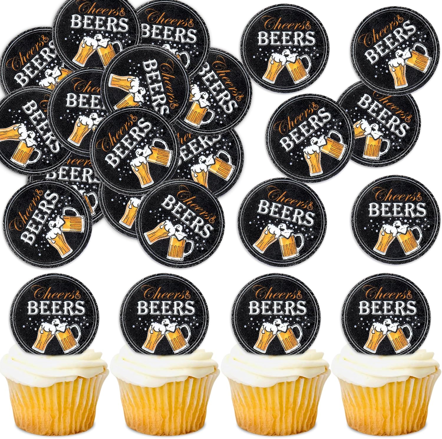 Ercadio 40 PCS Edible Beer Party Cupcake Toppers Cheers and Beers Happy Birthday Party Decorations for Father's Day Whiskey Beer Cake Drink Topper Favor for Summer Family Party Decor Supplies