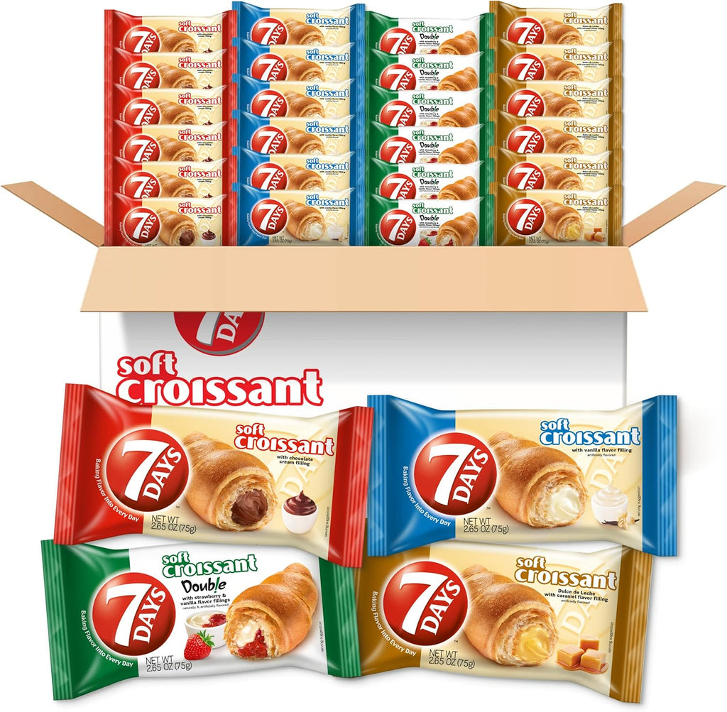 7Days Soft Croissant Variety Pack (24 Count), 6 Chocolate, 6 Vanilla, 6 Strawberry Vanilla, 6 Caramel, Breakfast Pastry, Individually Wrapped On The Go Snack (Pack of 24)