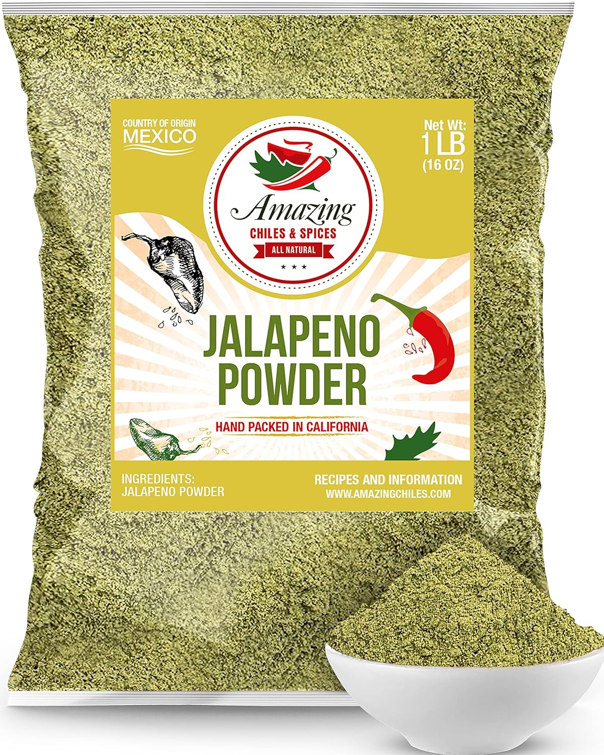 Jalapeno Powder Seasoning 1LB (16oz) – Natural and Premium. Great For Chili, Salsa, Spice Blends, Stews, Tacos, Corn Bread. Medium to High Heat - fruity, spicy hot flavor. By Amazing Chiles & Spices.