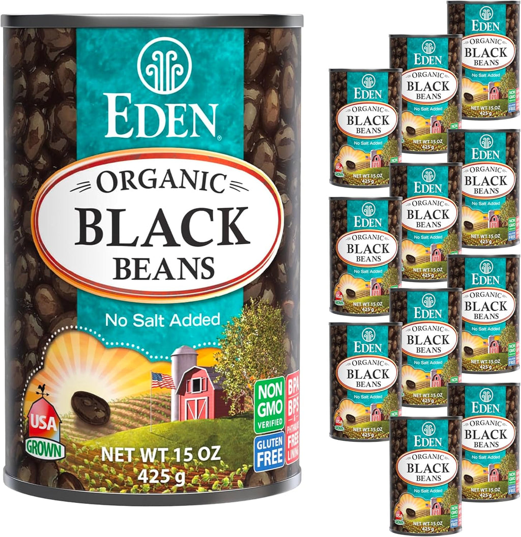 Eden Organic Black Beans, 15 oz Can (12-Pack Case) , No Salt Added, Non-GMO, U.S Grown, Heat and Serve, Macrobiotic, Turtle Beans, Frijol Negro, Caviar Criollo