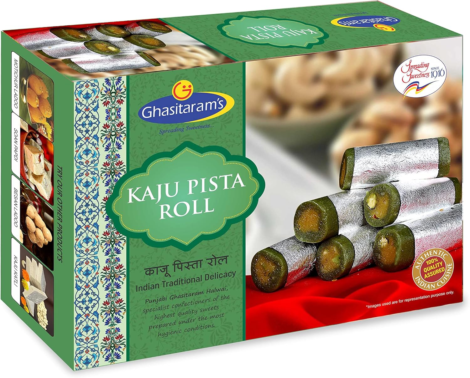 GHASITARAM'S Kaju Pista Roll, Indian mithai, Traditional Indian Sweets(400g) Diwali Gift Box