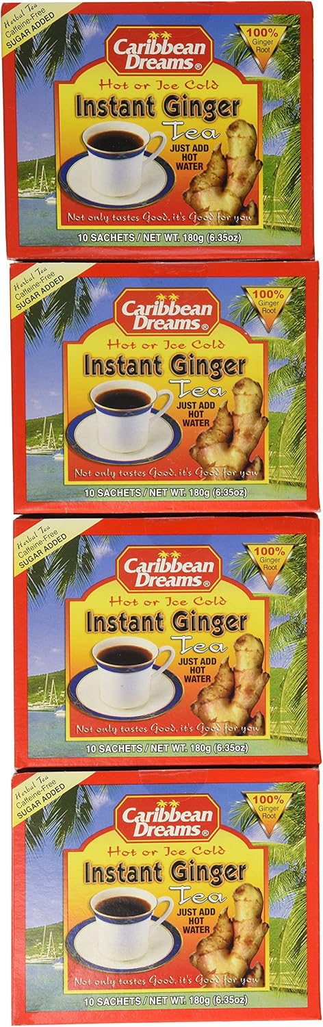Caribbean Dreams Instant Ginger Tea, Pre-Sweetened, 10 Sachets (4 Pack)