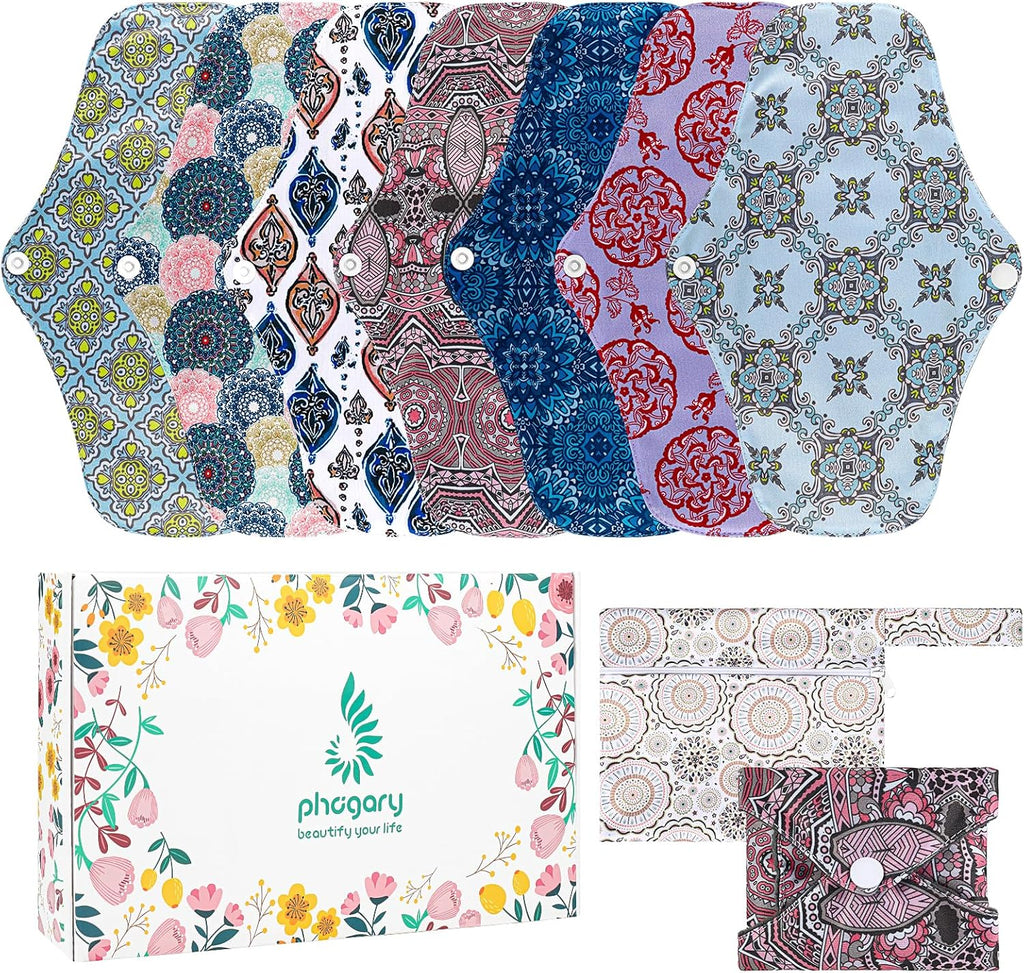 PHOGARY Reusable Menstrual Pads for Heavy Flow with Wet Bag, 7 Pieces Sanitary Pads Set with Wings for Women, Washable Overnight Cloth Panty Liners