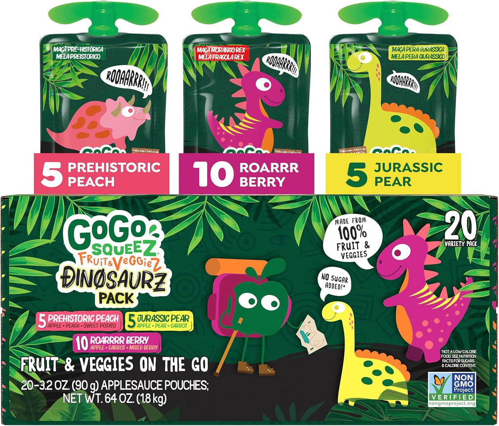 GoGo squeeZ No Sugar Added Fruit & veggieZ Applesauce and Puree Variety Pack, Jurassic Pear, Roarrrr Berry & Prehistoric Peach, 3.2 oz Pouches (Pack of 20), Fruit Snacks for Kids, Gluten Free, Nut Free, Recloseable Cap, BPA Free