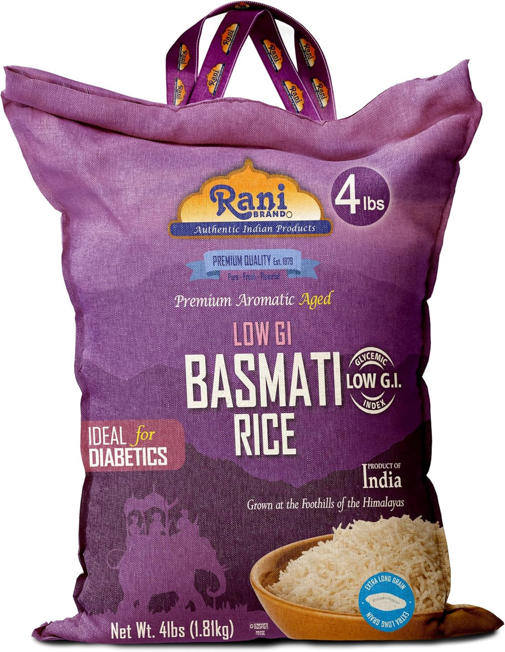 Rani White Basmati Rice Low GI (Glycemic Index) Extra Long Aged, Ideal for Diabetics, 4lbs (64oz) 1.81kg Cloth Bag ~ All Natural | Gluten Free | Vegan | Indian Origin | Export Quality
