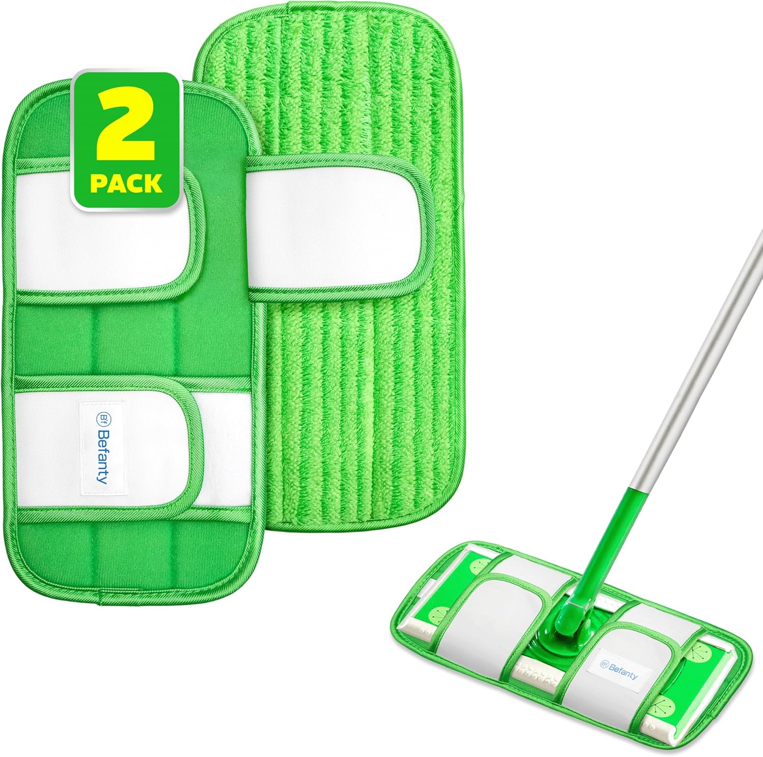 2 Pack Reusable Microfiber Mop Pads, Compatible with Swiffer Sweeper, Machine Washable Cloths, Refills for All Floor Cleaning, Hook and Loop, Wet Dry - 10"- 12"
