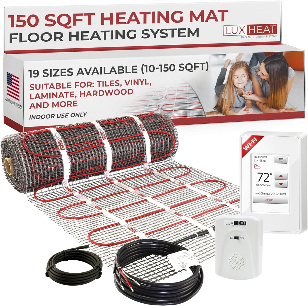 LuxHeat 150sqft Floor Heating Mat Kit - 120v Underfloor Heating System - Electric Radiant Heated Flooring System for Tile & Laminate - Includes UWG4 WiFi Programmable Thermostat w/GFCI, Alarm & Sensor