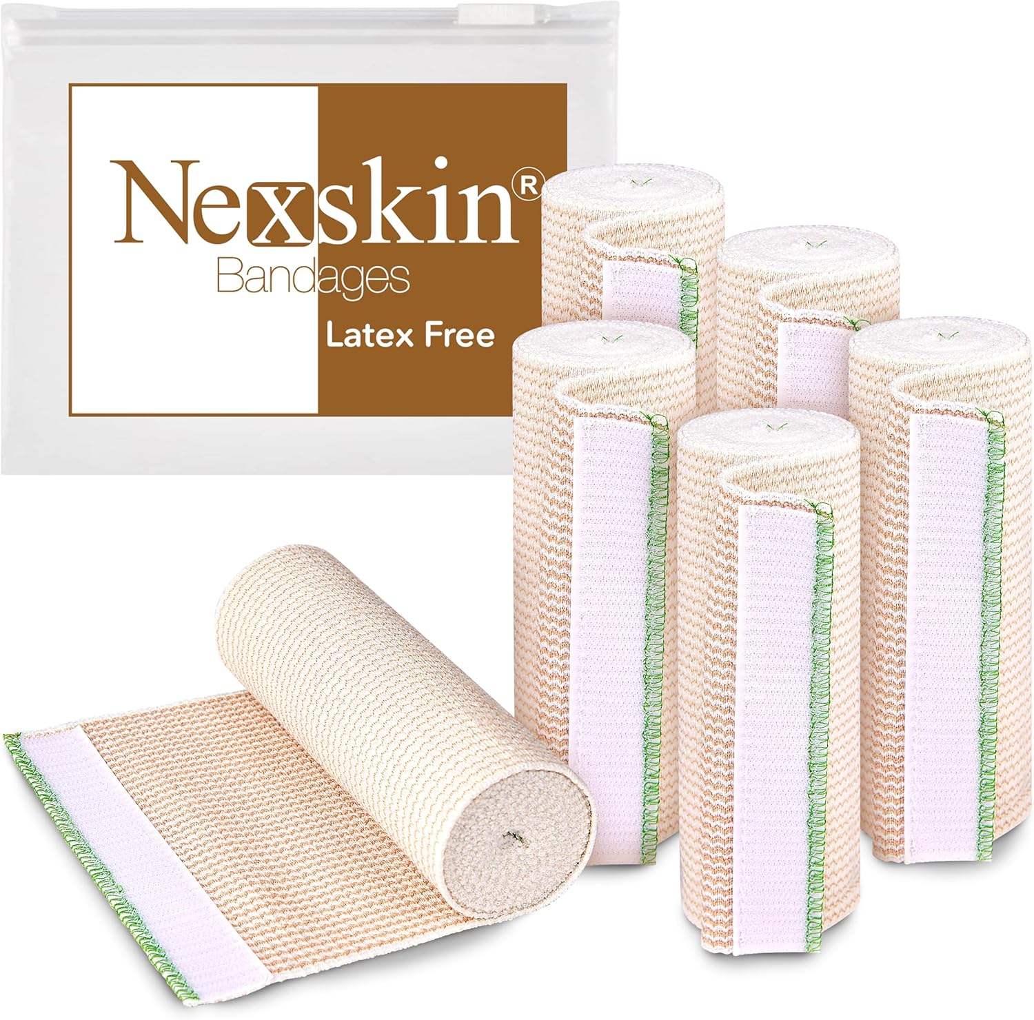 Premium Elastic Bandage Wrap (6” Wide, 6 Pack) - Nexskin Latex Free Athletic/Medical Compression Bandages Hook & Loop Fasteners at Both Ends - Lifetime Washable & Reusable Bandages