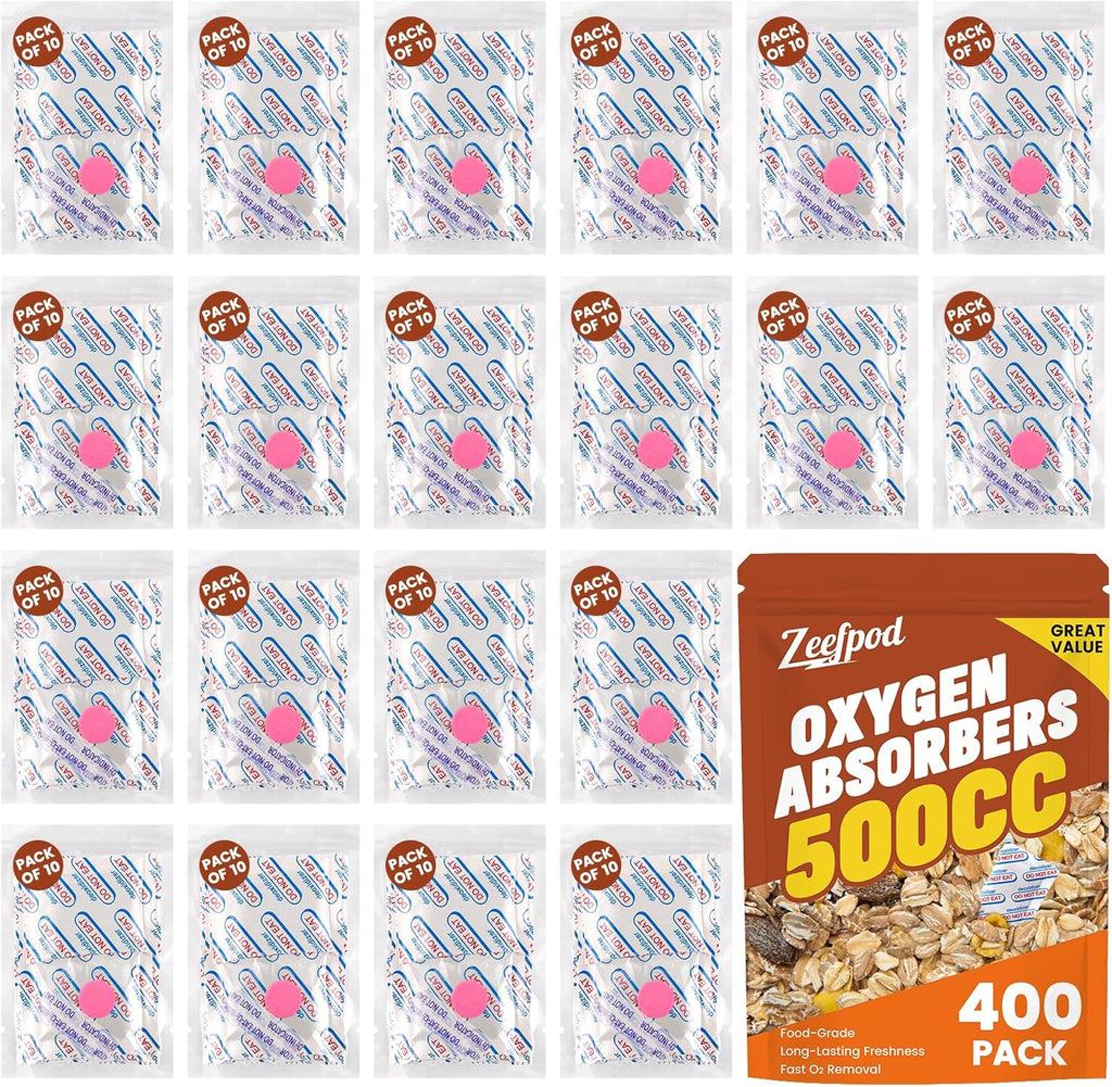 400 Counts 500cc Food Grade Oxygen Absorbers, 10 Individually Vacuum Sealed Packs with Oxygen Indicator, Oxygen Absorber Packets for Long Term Storage in Mylar Bag,Canning Jars, Freeze Dryer Storage