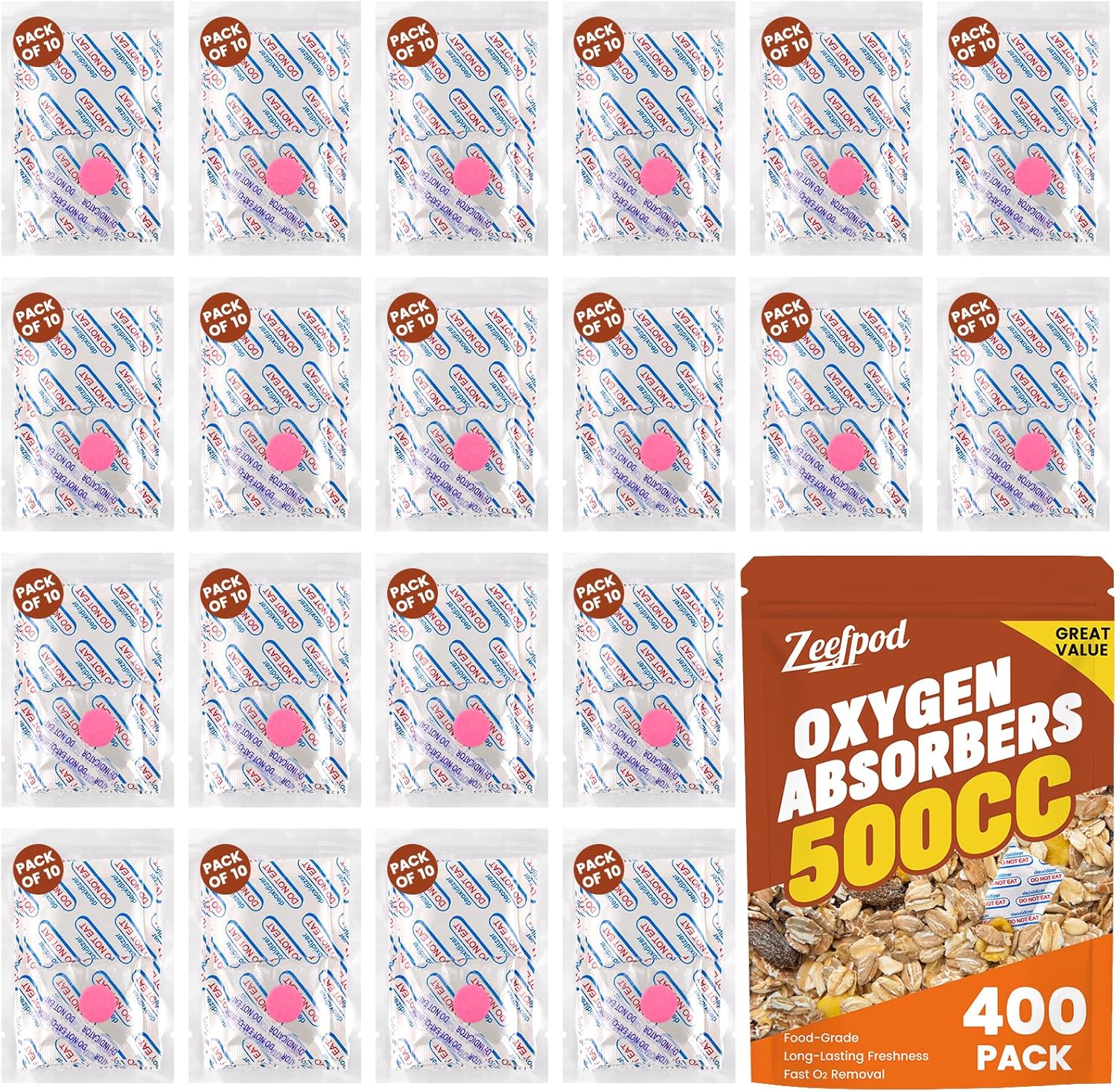 400 Counts 500cc Food Grade Oxygen Absorbers, 10 Individually Vacuum Sealed Packs with Oxygen Indicator, Oxygen Absorber Packets for Long Term Storage in Mylar Bag,Canning Jars, Freeze Dryer Storage