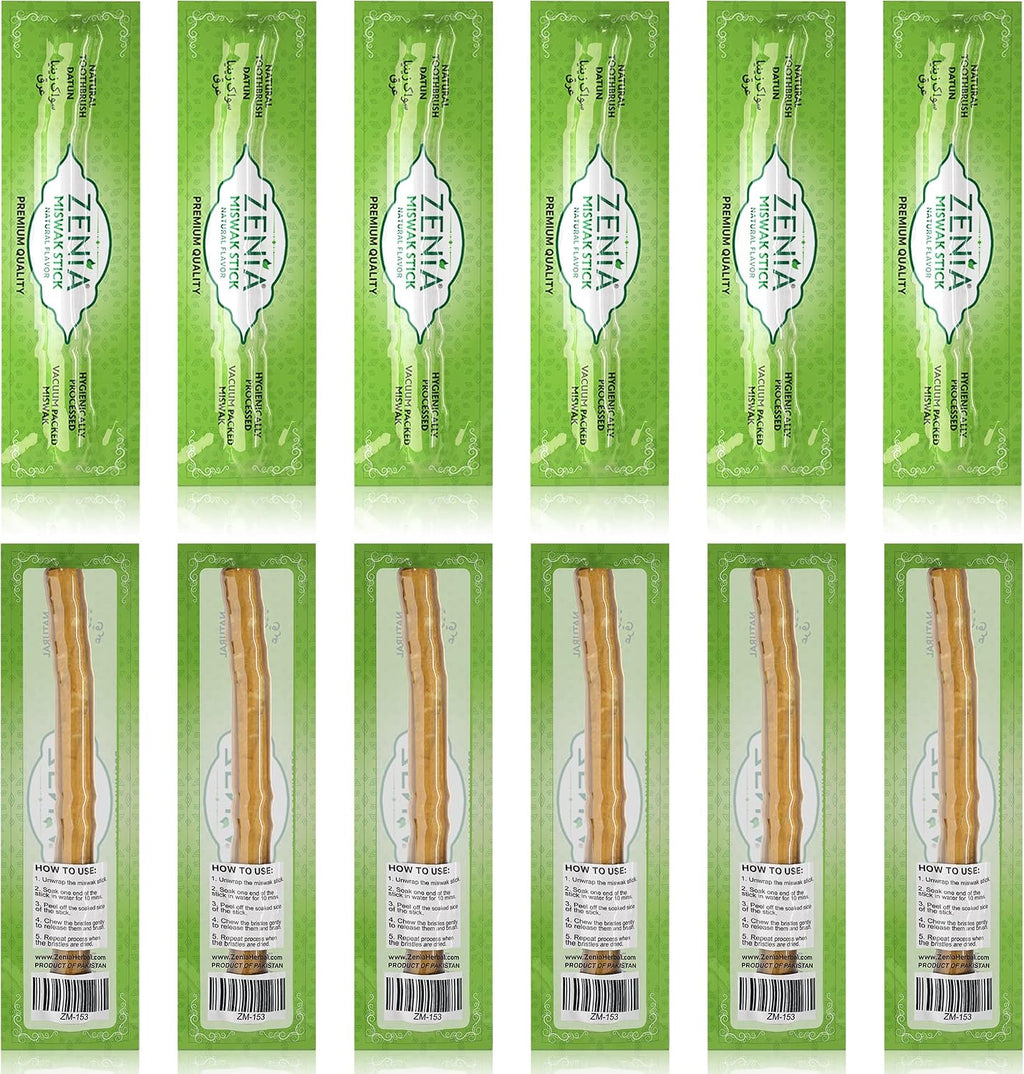 Zenia Sewak Natural Miswak Toothbrush - Vacuum Sealed Natural Flavor Traditional Peelu Toothbrush Stick - for Healthy Gums, Teeth, and Fresher Breath (Pack of 12)